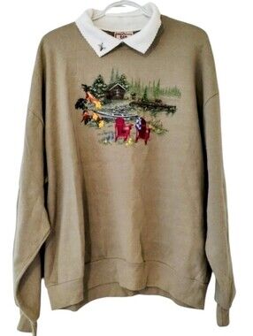 Vintage Morning Sun Embroidered Fall Scene Scalloped Collar Sweatshirt Made  USA